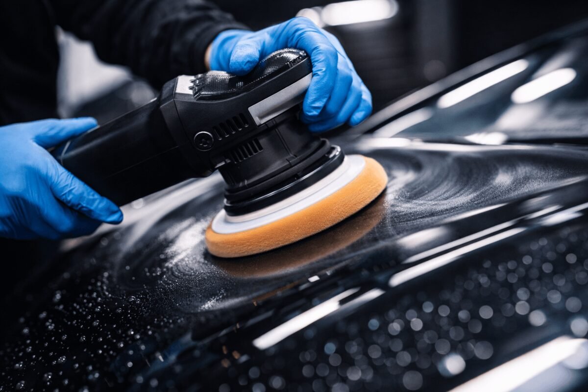 Machine polisher correcting swirl marks before coating
